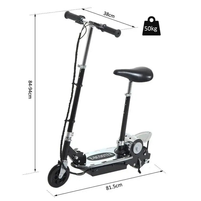 Black 24V electric scooter with foldable design, adjustable seat, dual battery, size details shown