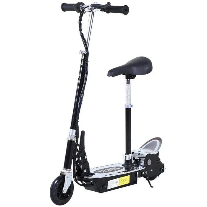 Black 24V electric scooter with foldable frame and adjustable seat on white background