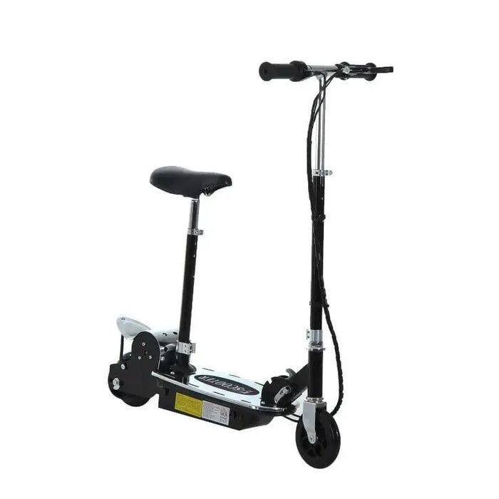 Black 24V foldable electric scooter with adjustable seat and dual battery, studio view