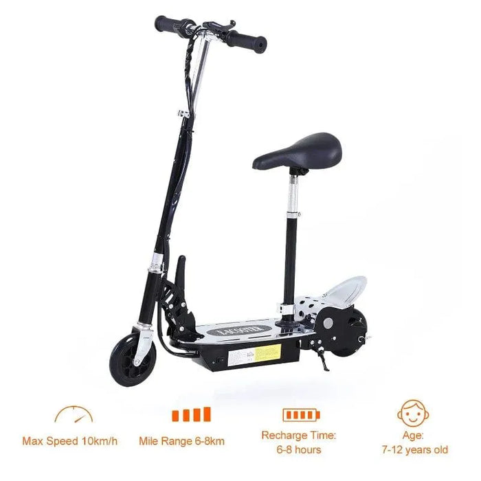 Black 24V foldable electric scooter with adjustable seat, dual battery, and specs icons