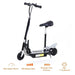 Black 24V foldable electric scooter with adjustable seat, dual battery, and specs icons