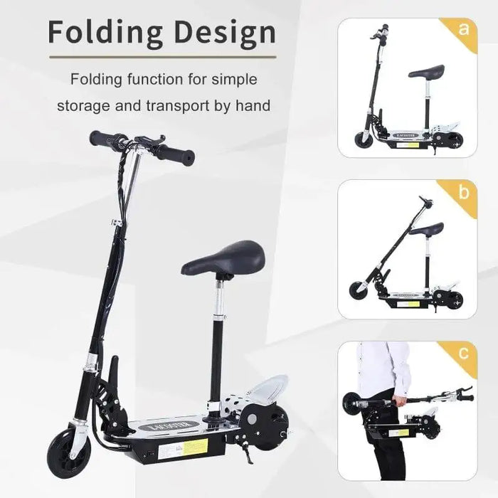 Black 24V folding electric scooter with adjustable seat and dual battery, shown folded and carried by hand.