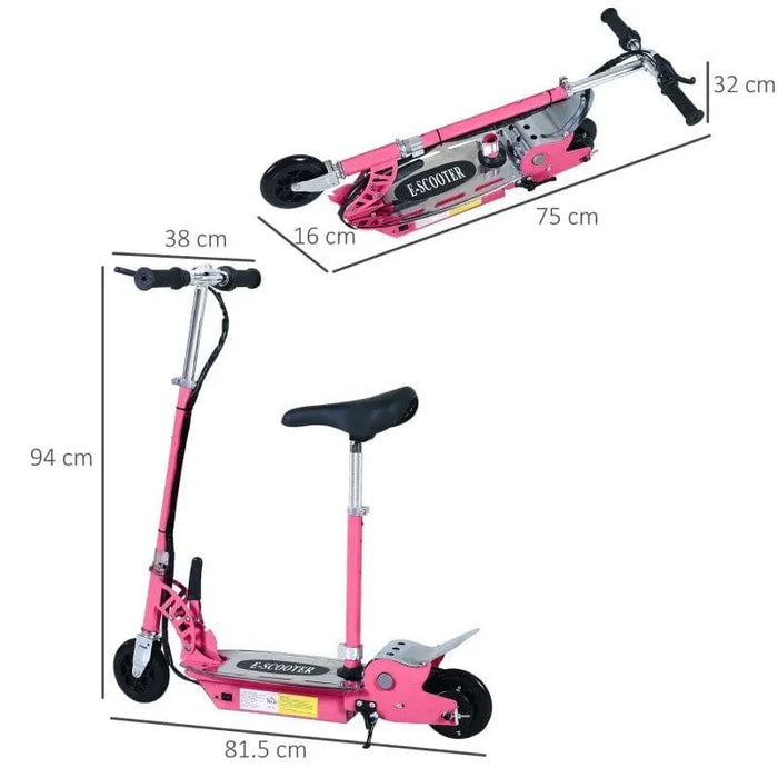 Pink 24V electric scooter with adjustable seat, foldable design, and layout measurements shown.