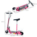 Pink 24V electric scooter with adjustable seat, foldable design, and layout measurements shown.