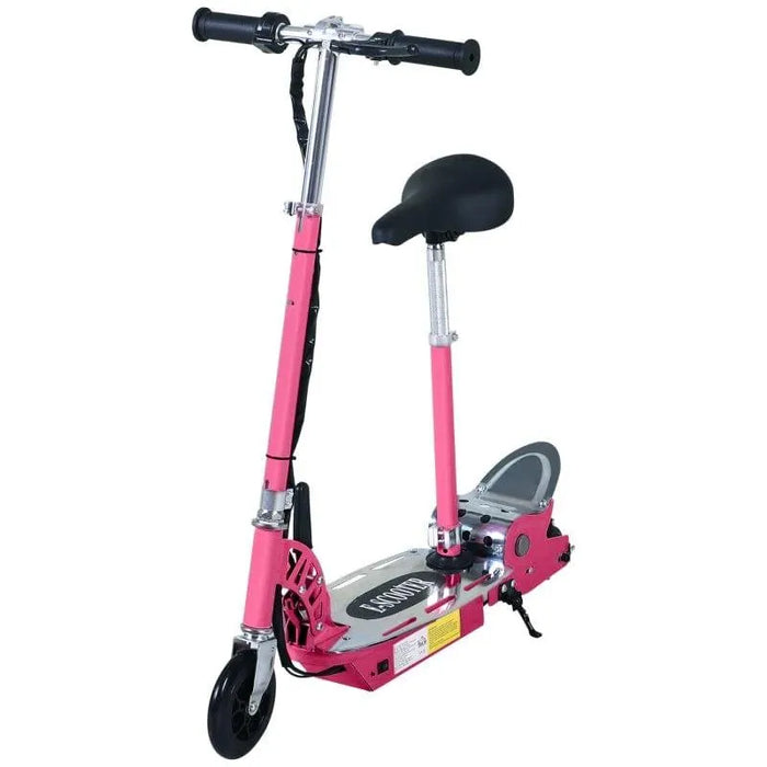 Pink 24V electric scooter with foldable frame, adjustable seat and dual battery design