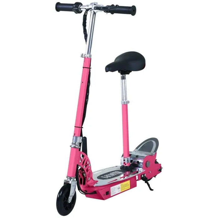 Pink 24V electric scooter with adjustable seat and foldable design on white background