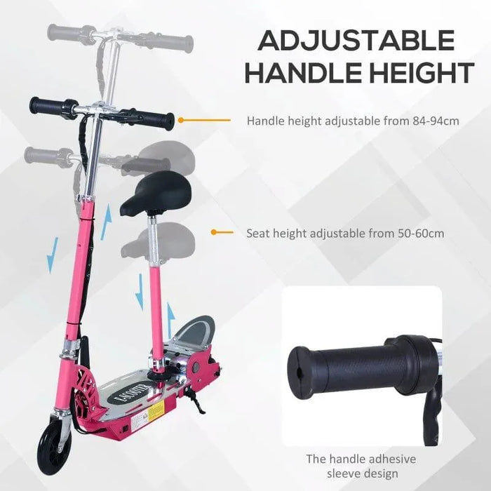 Pink 24V electric scooter with adjustable handle and seat, foldable design, dual battery