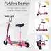 Pink 24V electric scooter with adjustable seat, foldable design, and dual battery, shown folded and carried by hand.