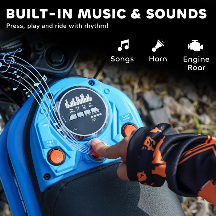 24V Kids Electric Dirt Bike - Blue | Lights, Music and Dual-Speed Control HOMCOM - Little and Giant Explorers HOMCOM