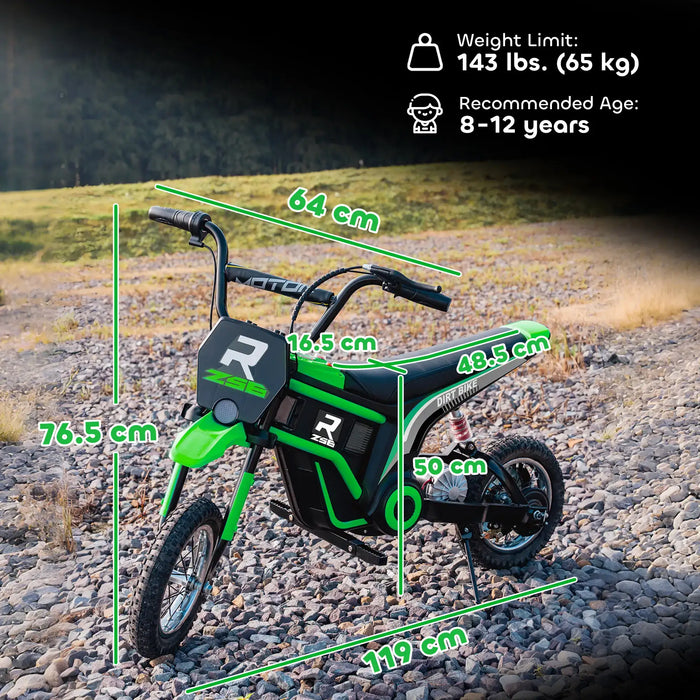 Green 24V kids electric dirt bike with measurements, on rocky outdoor terrain, for ages 8-12