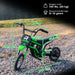 Green 24V kids electric dirt bike with measurements, on rocky outdoor terrain, for ages 8-12