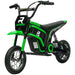 Green 24V kids electric dirt bike with black frame, rugged tires, and dual speed controls