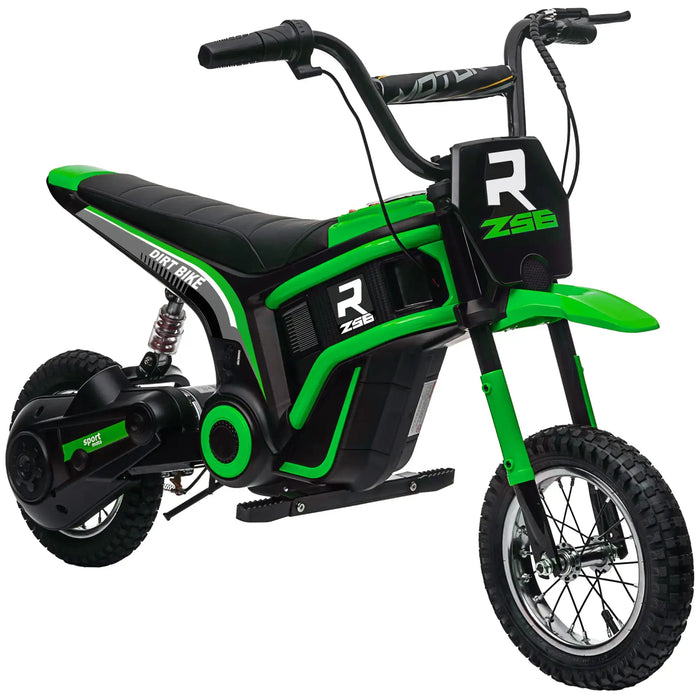 Green 24V kids electric dirt bike with black seat, thick tires, and sporty graphics on white background