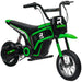Green 24V kids electric dirt bike with black seat, thick tires, and sporty graphics on white background