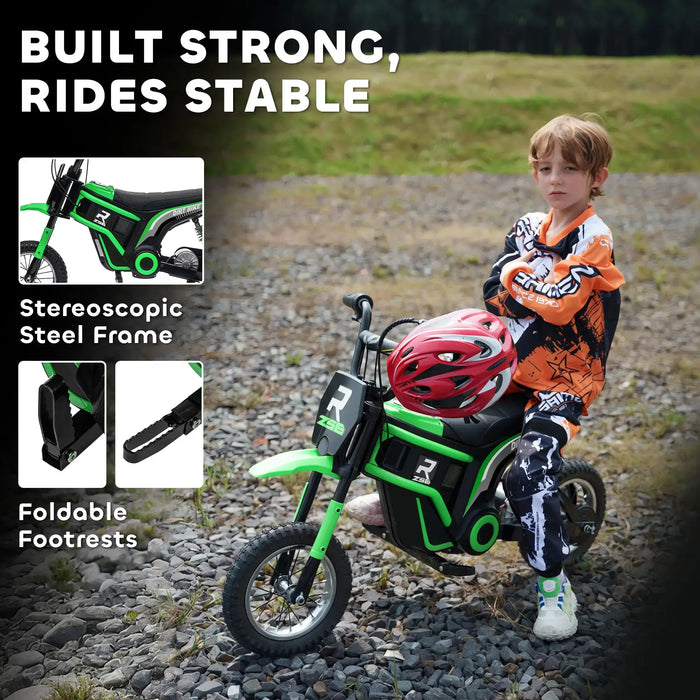 Child on green 24V kids electric dirt bike with helmet, foldable footrests, outdoor setting