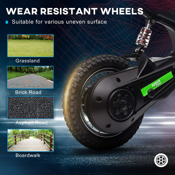 Close-up of green kids electric dirt bike rear wheel showing wear-resistant tire, suitable for grassland, brick road, asphalt road, and boardwalk surfaces.