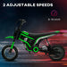 Green 24V kids electric dirt bike with dual speed control, side view on dark background