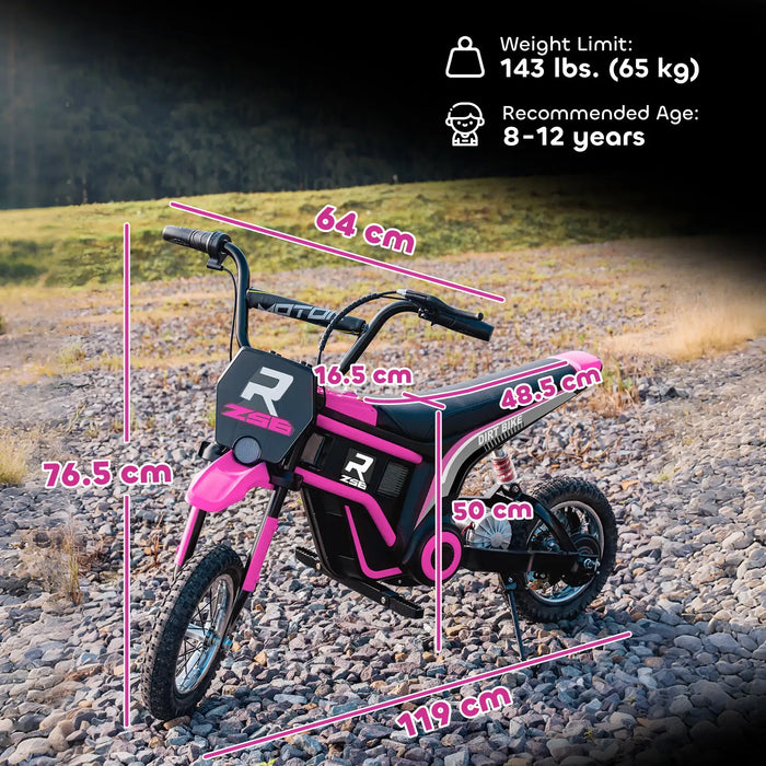 24V pink kids electric dirt bike with size dimensions on rocky outdoor path, for ages 8-12