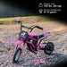 24V pink kids electric dirt bike with size dimensions on rocky outdoor path, for ages 8-12
