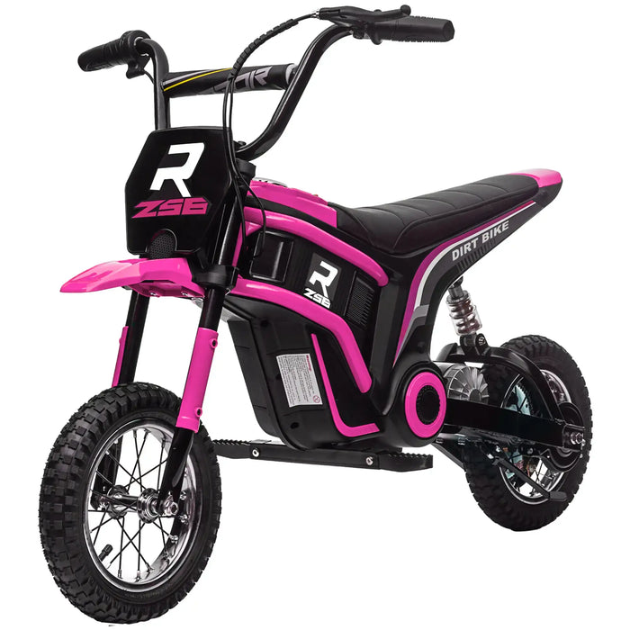 Pink 24V kids electric dirt bike with black accents and rugged tires
