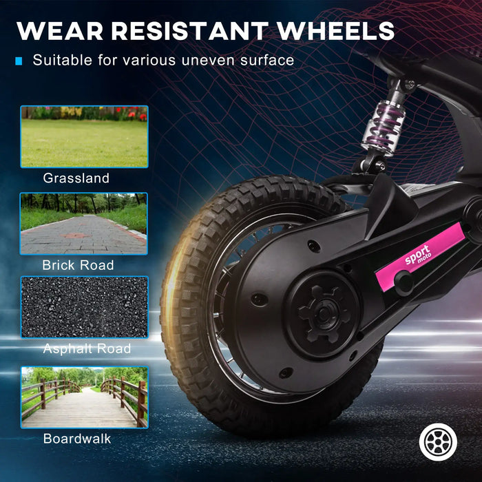 Close-up of kids pink electric dirt bike wear-resistant wheel, suitable for grassland, brick road, asphalt road, and boardwalk surfaces.