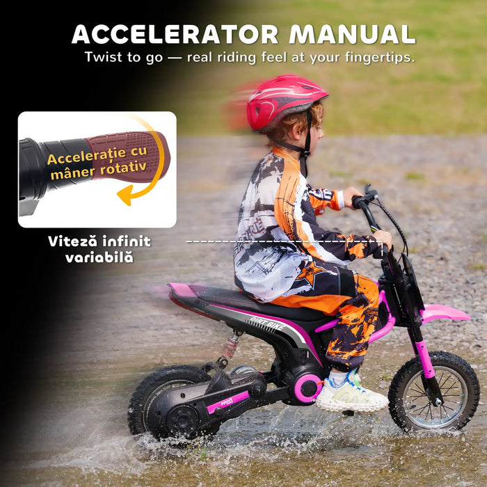 Child riding pink 24V kids electric dirt bike with helmet and motocross outfit on wet ground