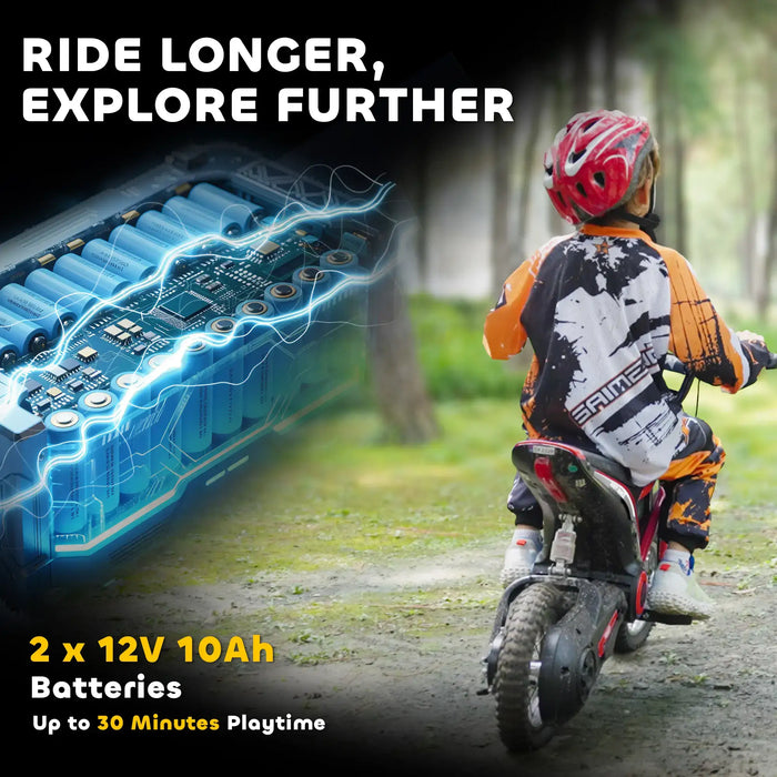 Child riding red 24V kids electric dirt bike outdoors, battery graphic, trees in background.