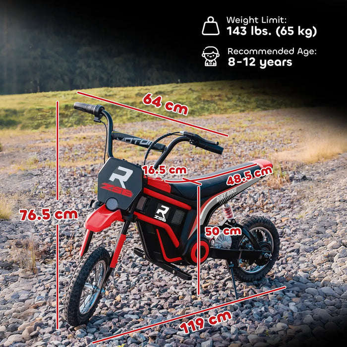 Red 24V kids electric dirt bike with measurements, on rocky ground, for ages 8-12