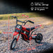 Red 24V kids electric dirt bike with measurements, on rocky ground, for ages 8-12