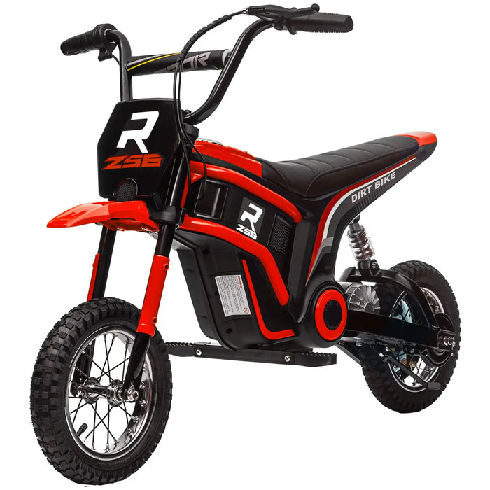 Red and black 24V kids electric dirt bike with realistic design, off-road tires, and handlebar.