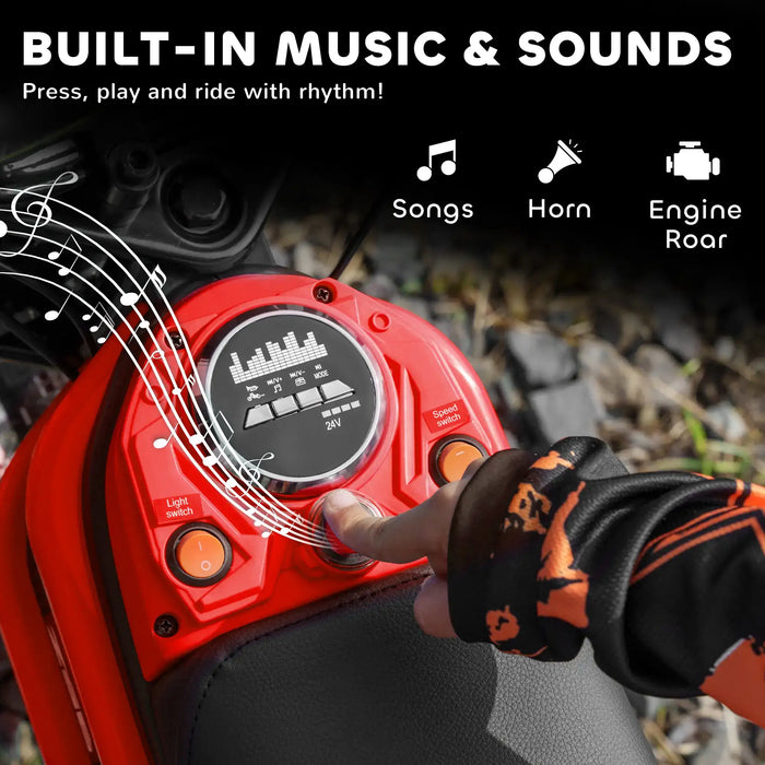 Close-up of 24V kids electric dirt bike dashboard in red with music and speed controls outdoors.