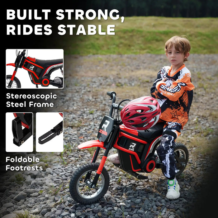 Child in motocross outfit sits on red 24V kids electric dirt bike outdoors, steel frame, foldable footrests.