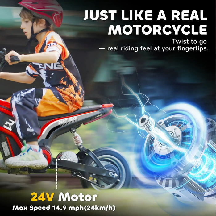Child riding red 24V kids electric dirt bike outdoors, wearing helmet, with bold motor graphics.