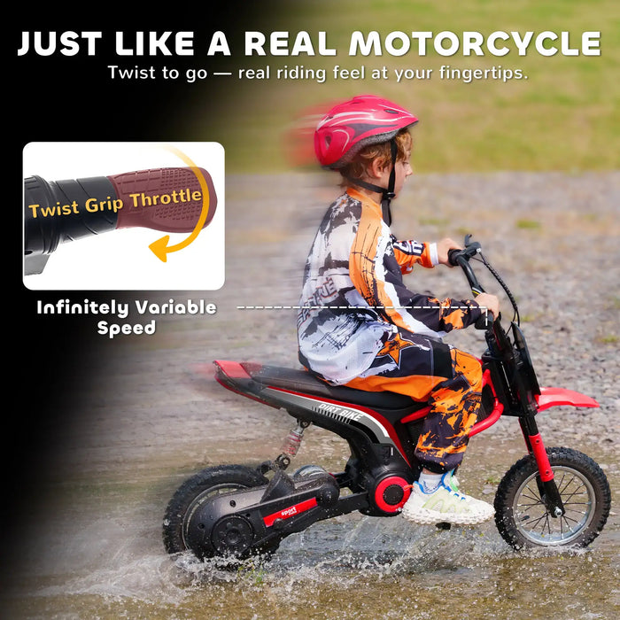 Child riding red 24V kids electric dirt bike outdoors, wearing helmet and motocross gear.