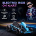 Blue 24V kids electric drift go-kart with specs, child in sunglasses and plaid shirt