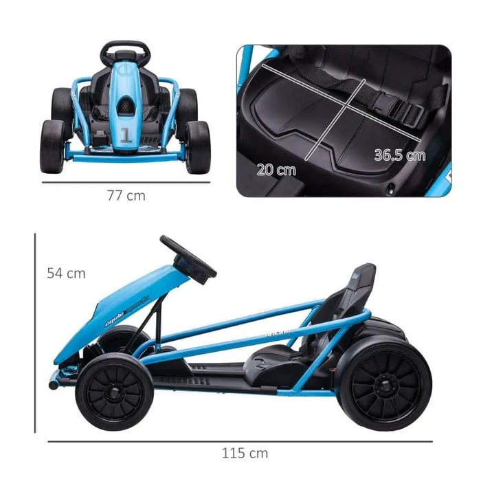Blue 24V kids electric drift go kart with seatbelt, shown from front and side, dimensions labeled