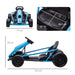 Blue 24V kids electric drift go kart with seatbelt, shown from front and side, dimensions labeled
