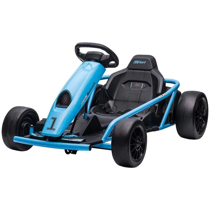 Blue 24V kids electric drift go kart with black seat and sporty design on white background