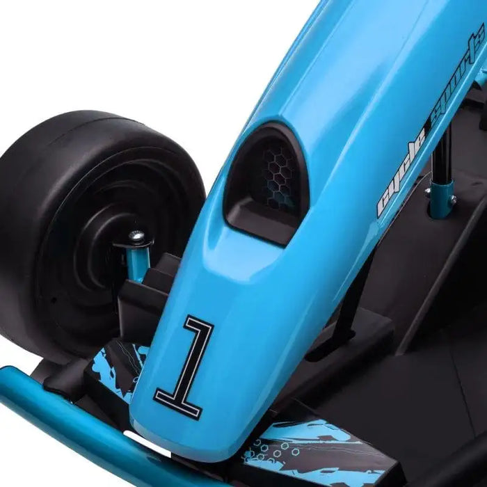 Close-up of blue kids electric drift go kart front wheel and number 1 decal