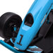 Close-up of blue kids electric drift go kart front wheel and number 1 decal