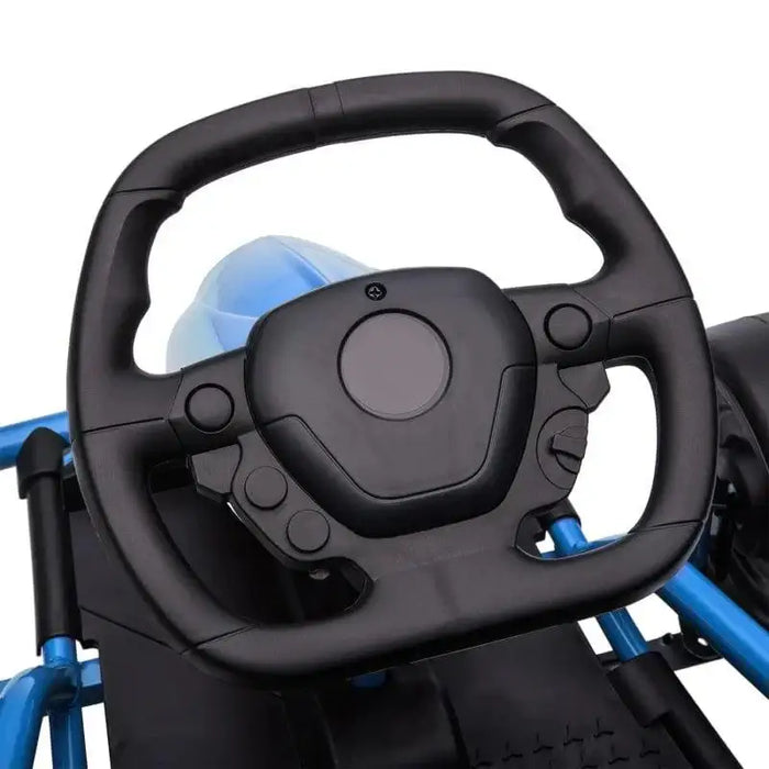 Close-up of steering wheel on blue 24V kids electric drift go kart