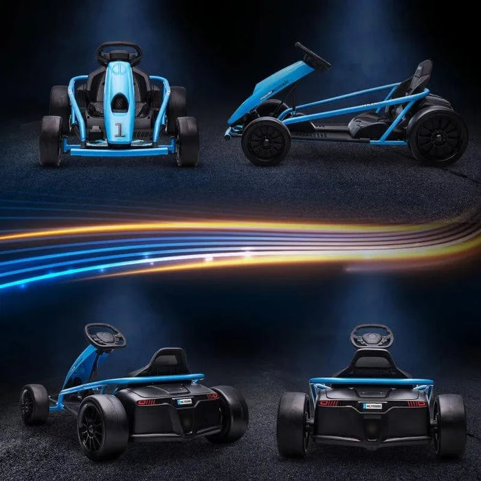 Blue 24V kids electric drift go-kart with dual drive, shown from four angles on dark background