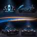 Blue 24V kids electric drift go-kart with dual drive, shown from four angles on dark background