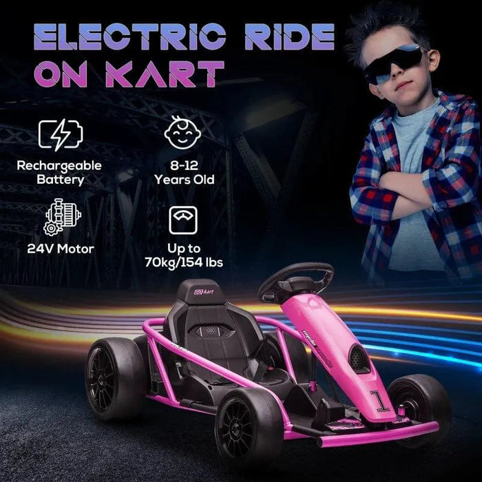 Pink 24V kids electric drift go-kart with specs, young boy posing in sunglasses