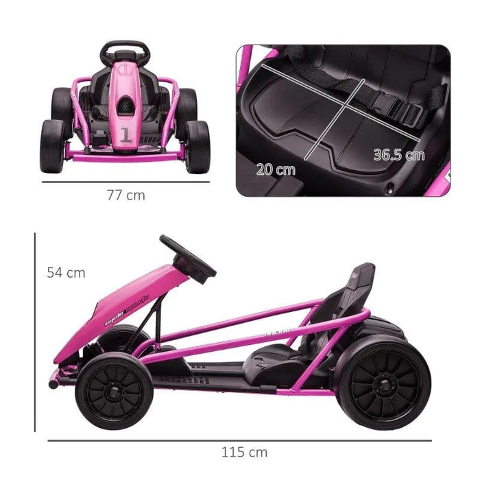 Pink kids electric drift go-kart with seat belt, dual drive, and size measurements