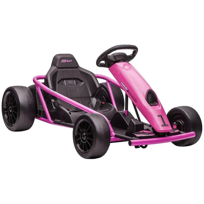 Pink 24V kids electric drift go kart with black seat and sport wheels on white background