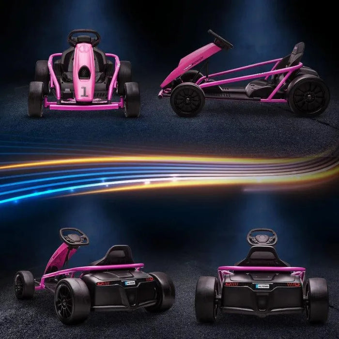 Pink 24V kids electric drift go kart shown from multiple angles on a dark background