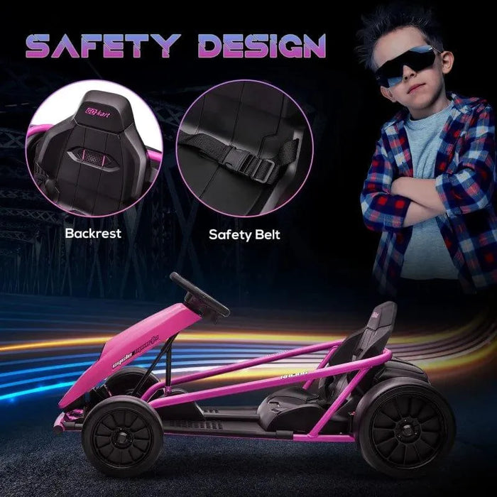 Pink 24V kids electric go-kart with backrest, safety belt, and cool kid posing