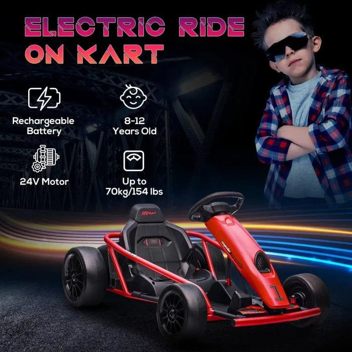 Red 24V kids electric drift go kart with specs, boy in sunglasses, dark background