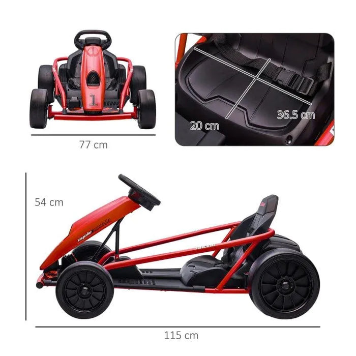 Red 24V kids electric drift go kart with seatbelt, black wheels, and size dimensions shown